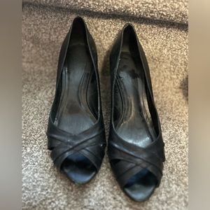 Black peep toe wedges